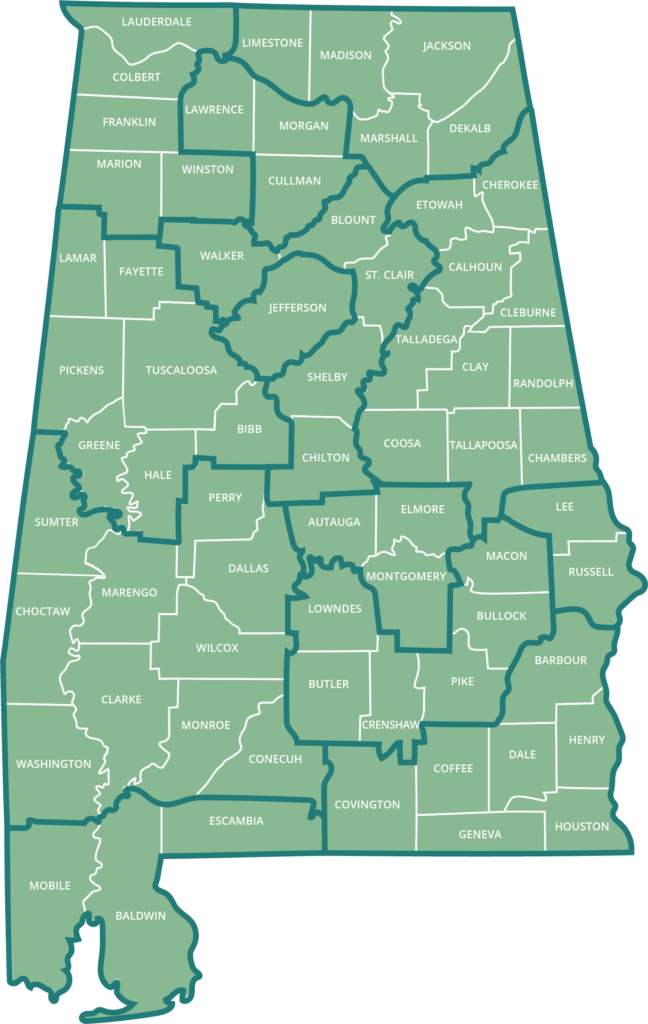 A map showing the coverage area for each of Alabama's 13 Area Agencies on Aging (plus the Regional Planning Commission of Greater Birmingham). Visit alabamaselect.com to learn more about the regional organization in your area.