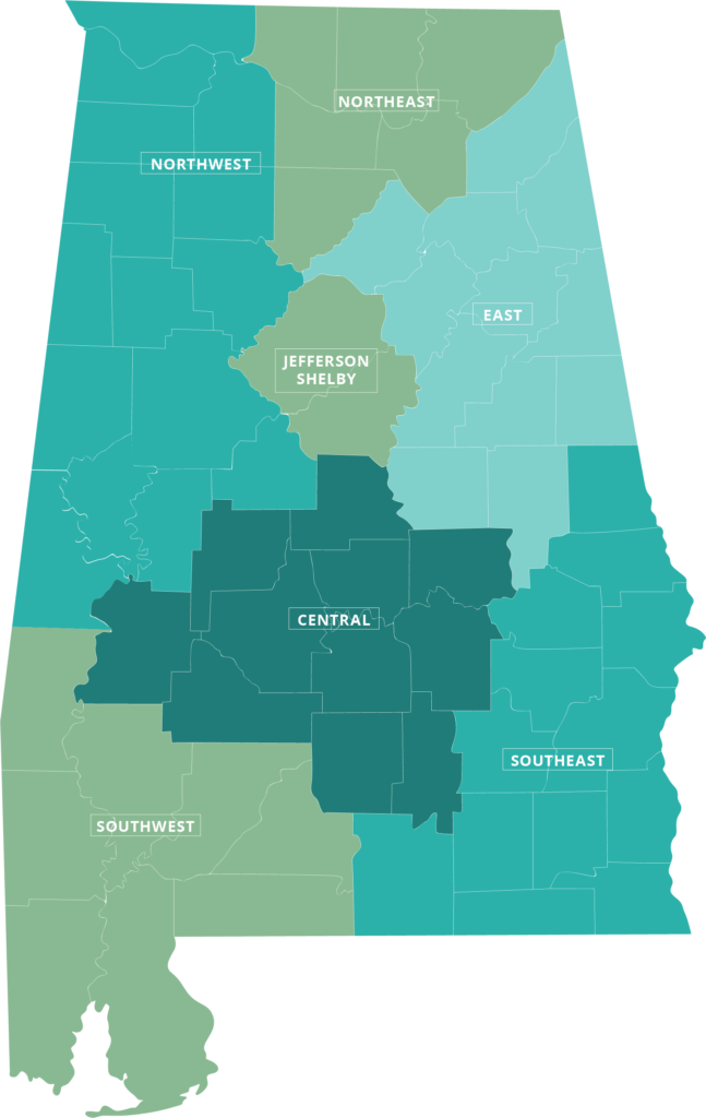 A map of Alabama showing the coverage areas of the seven regional networks that provide primary coordination for ACHN members: Northwest, Northeast, East, Jefferson-Shelby, Central, Southwest and Southeast.