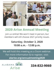 Flyer with the date, time and other details about the 2020 Arise annual meeting