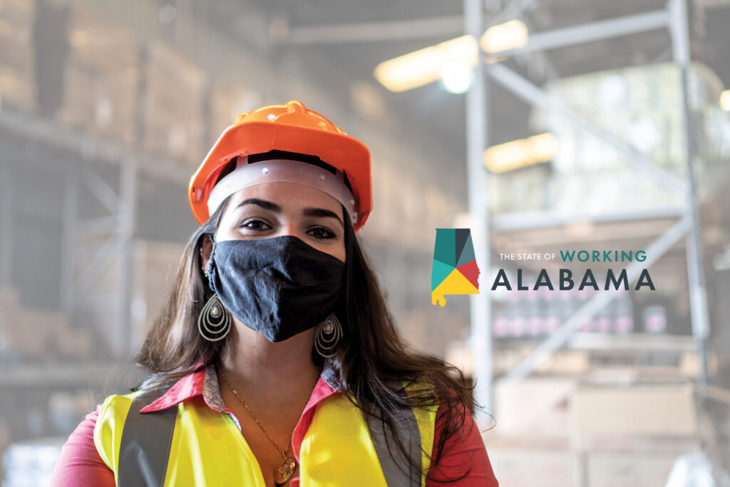 State of Working Alabama logo next to a portrait of a young woman wearing a face mask and protective workwear in a warehouse