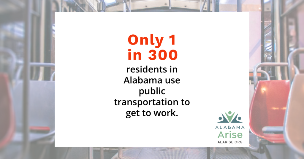 Image of an empty bus. Text: Only 1 in 300 residents in Alabama use public transportation to get to work.