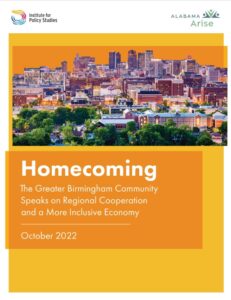 Picture of the Birmingham skyline. Report cover text: Homecoming: The Greater Birmingham Community Speaks on Regional Cooperation and a More Inclusive Economy.