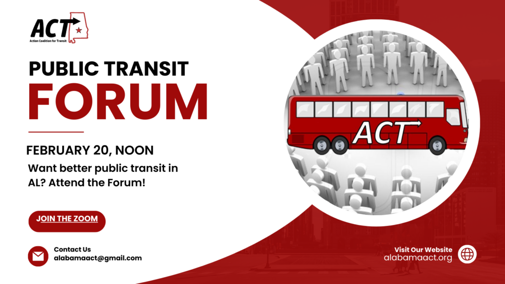 Red and white promotional graphic for the Feb. 20 public transit forum. The image is a red bus with the letters "ACT" on it.