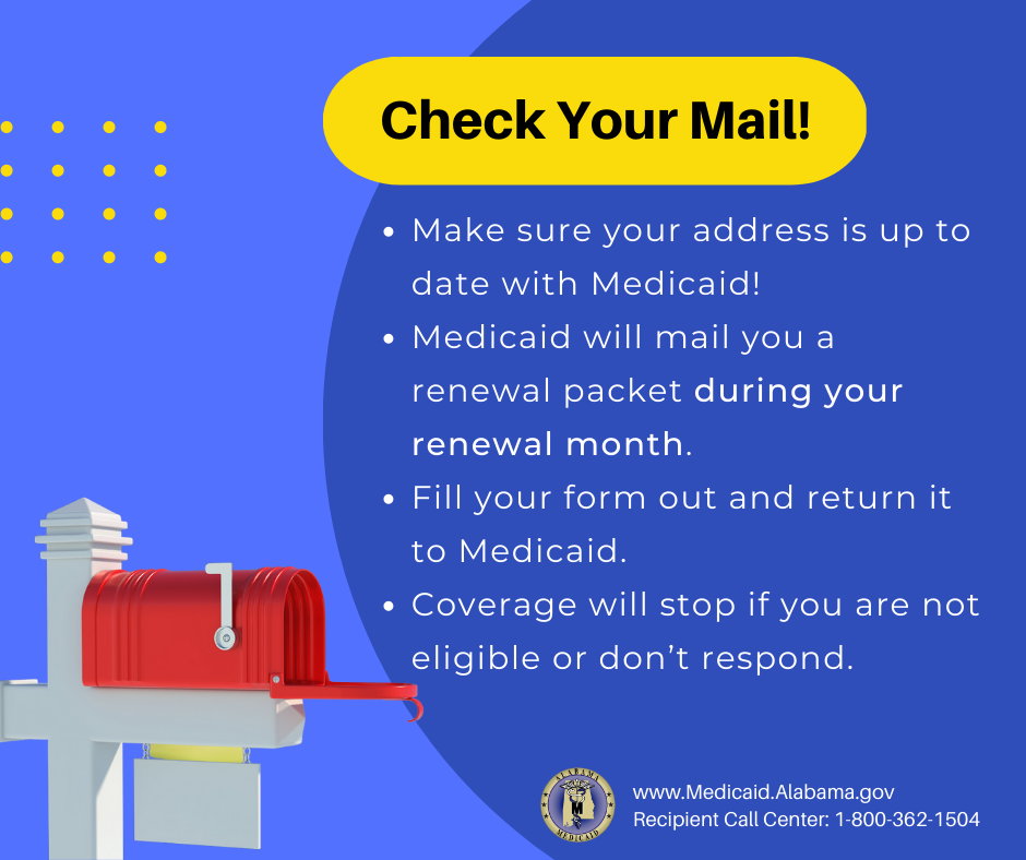 A notice from Alabama Medicaid to check your mail for important information beginning April 1.