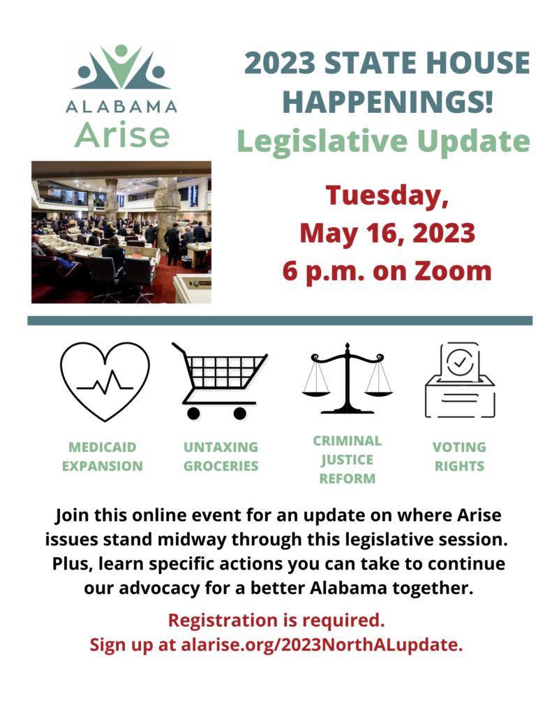 Flyer advertising an Arise legislative update on May 16 on Zoom.
