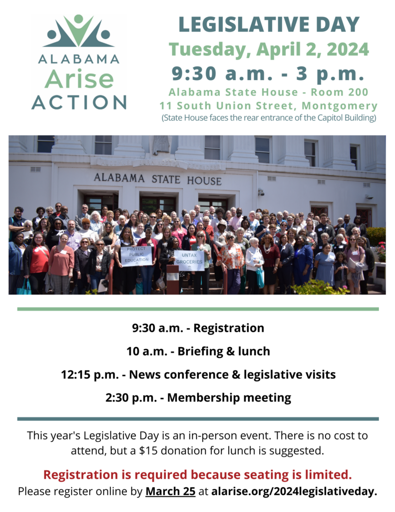 Flyer featuring crowd in front of Alabama State House with details for 2024 Legislative Day.